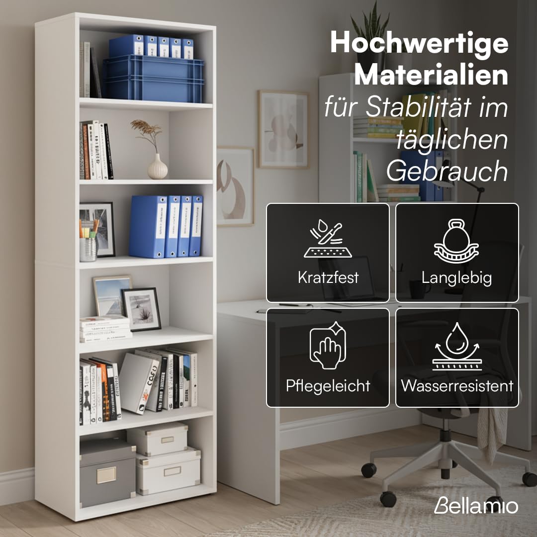 Bellamio Apol Bücherregal mit 6 Fächern - Standregal Weiß - offenes Holzregal - stabiles Regal für Wohnzimmer, Büro & Arbeitszimmer - höhenverstellbares Aktenregal 176x60x33cm
