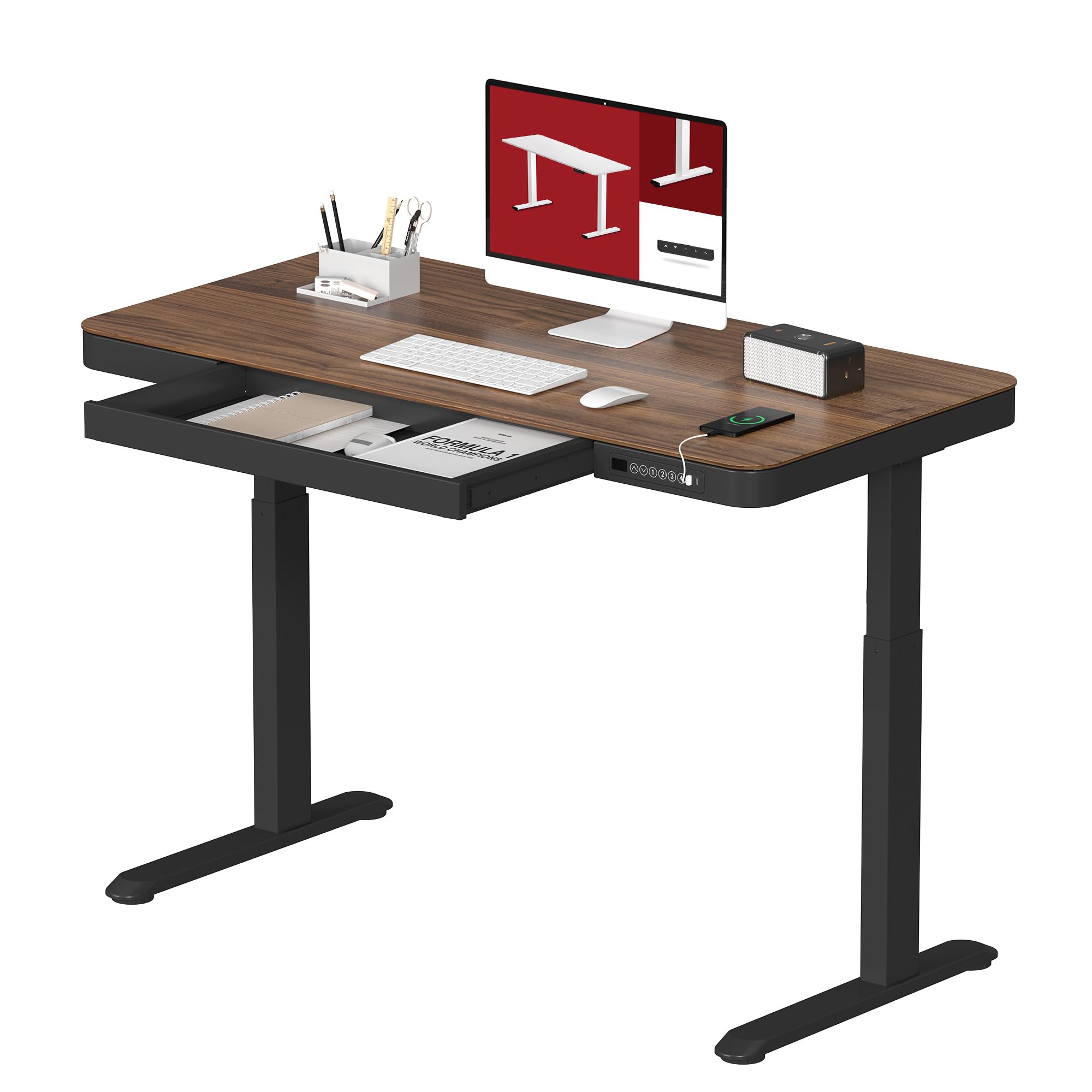 standing desk with drawer electric height adjustable home office desk with storage amp usb ports 48 inch black walnut wood tabletopblack frame