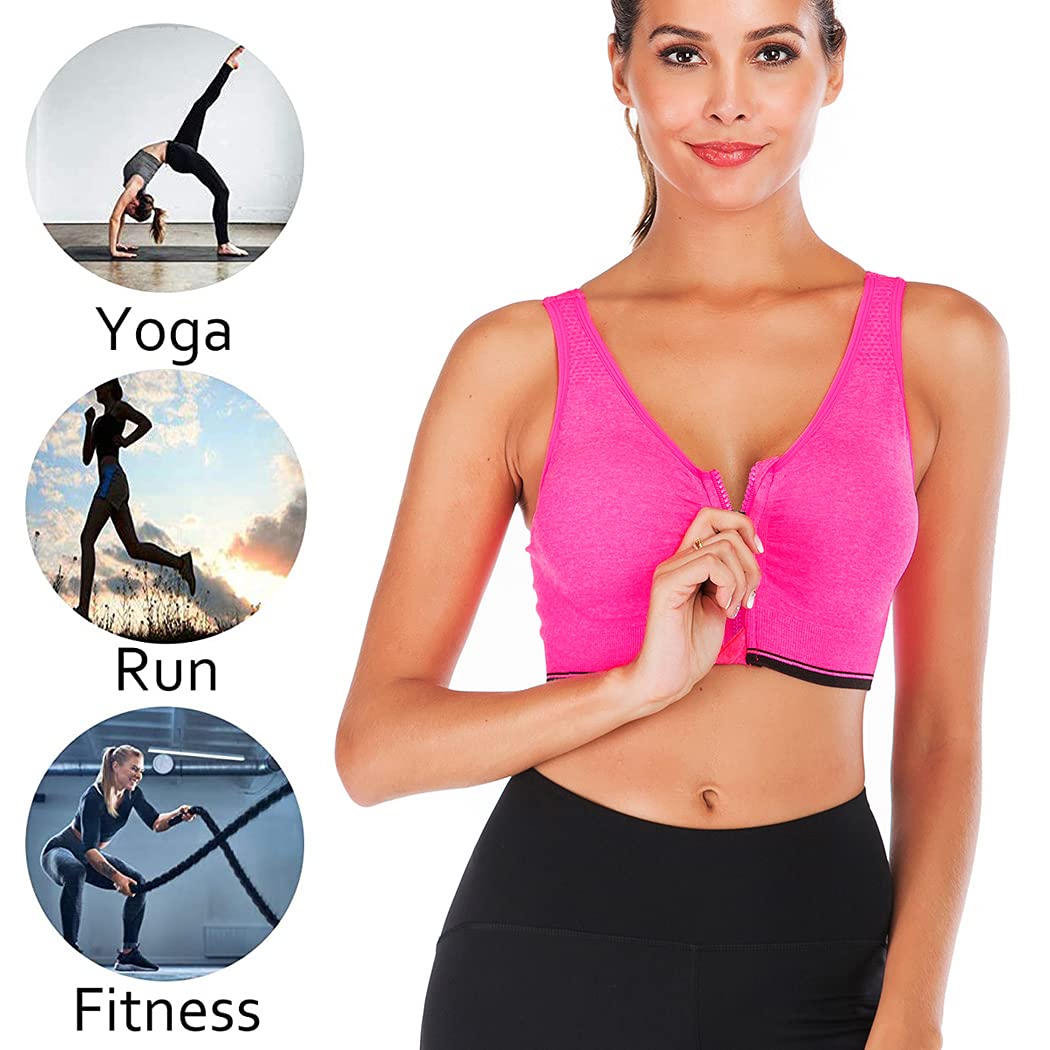 FLORATA Women's Zip Front Sports Bra Seamless Wirefree Post Surgery Bra Padded Sports Bras Yoga Bra with Removable Cups