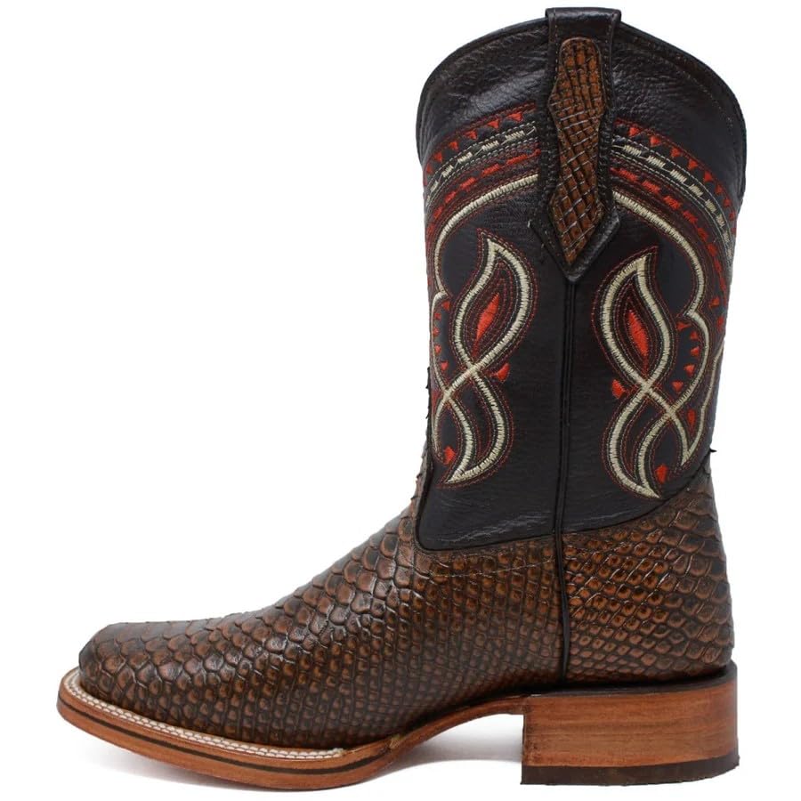 Men’s Exotic Snakeskin Genuine Leather Python Print Square Toe Cowboy Western Boots - Honey3