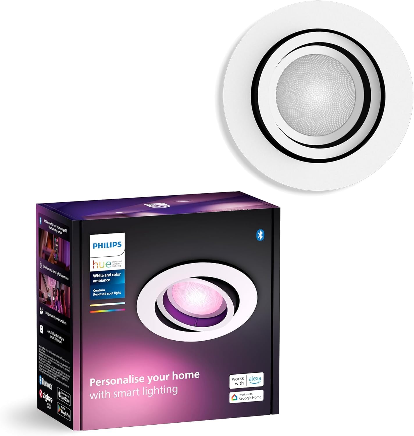 Philips Hue Centura Foco Empotrable LED Inteligente Redondo, 350 lm, 5.7W, Luz Blanca y de Colores Regulable, Control Voz y App, Compatible Alexa, Google Home, Samsung SmartThings y Apple Home, Blanco