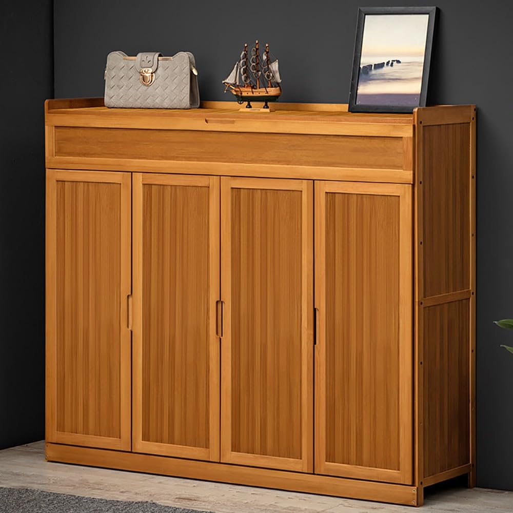 Mueble Zapatero de 4 Puertas Armario de 7 Niveles para Zapatos Mueble Auxiliar con Cajón y Estantes Ajustables Sala de Estar，Zapatero Entrada Recibidor 117x35x115cm