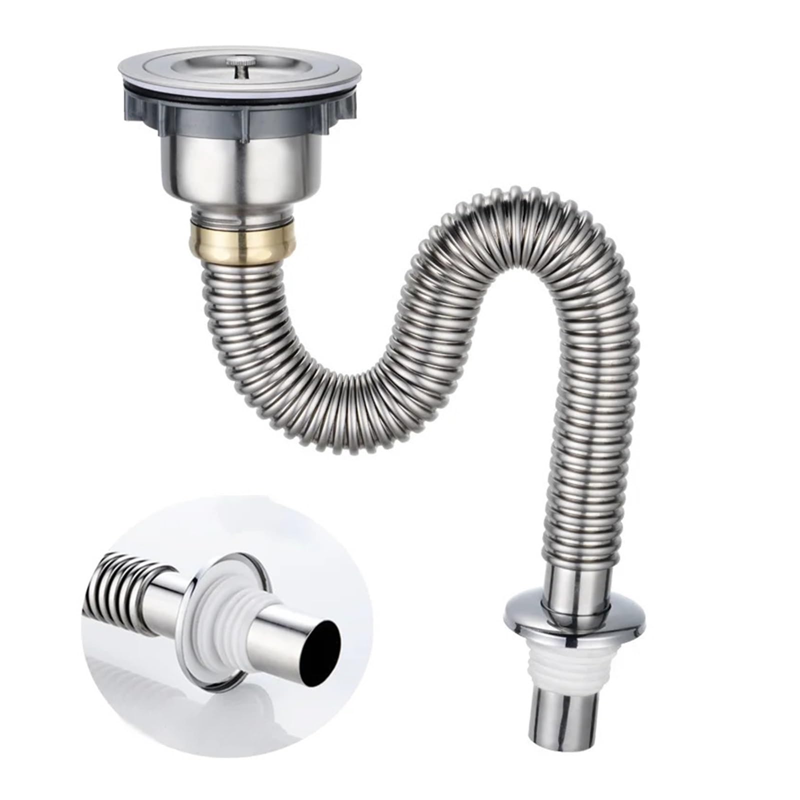 Siphon Waschbecken Küchenspüle-Abflussrohr, Edelstahl-Spülbeckensieb mit Spülbeckenstopfen/Dichtungsdeckel, Küchenspüle, Abwasserrohr, Abflussrohr(Type A)