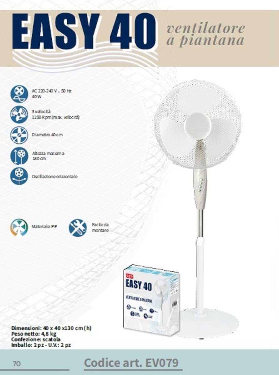 CFG VENTILATORE A PIANTANA EASY40 3 Velocità Altezza 130 cm Oscillazione orizzontale Facile da Montare