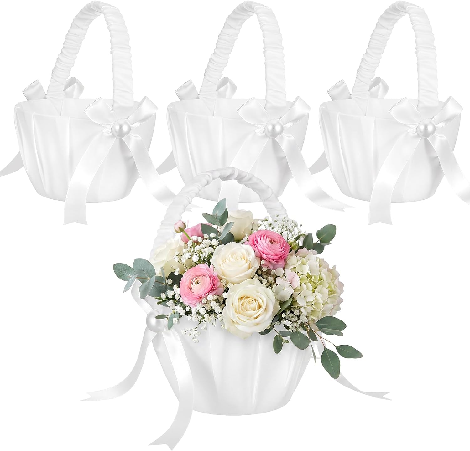 4PCS White Flower Girl Basket, Satin Bowknot Pearl Collection Fairy Flower Girl Baskets for Wedding, Flower Girl Decor, Ivory