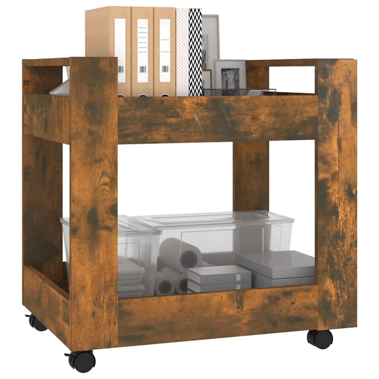 Homgoday Chariot d'appoint à roulettes, chariot manuel à 2 niveaux avec roulettes, chariot de bureau en contreplaqué, convient pour salle de bain, cuisine, buanderie, chêne fumé 60 x 45 x 60 cm