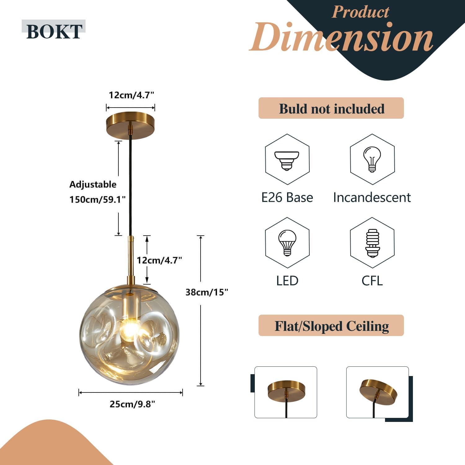 BOKT Modern Large 1-Light Globe Pendant Light Mid Century Gold Hanging Pendant Light Fixture Kitchen Island Amber Glass Ball Pendant Lamp Single Single Pendant Lighting (9.8”-Amber)