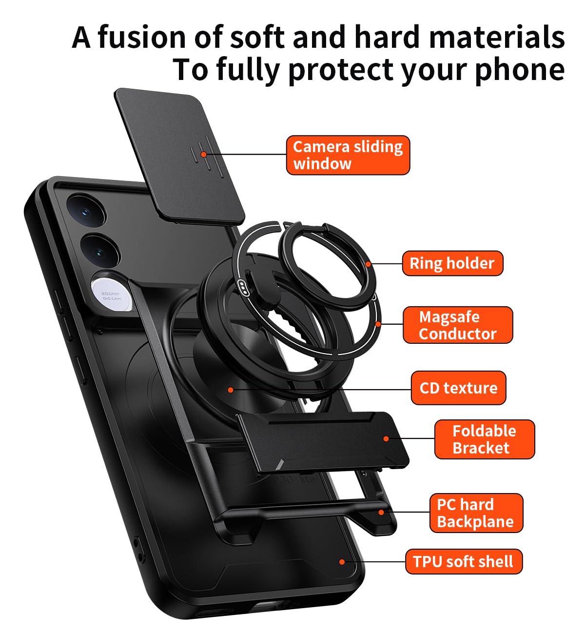 Custodia compatibile con vivo V70 FE [con 1 pellicola proteggi schermo] [custodia per fotocamera scorrevole 2 in 1, design con cavalletto magnetico] [custodia antiurto per telefono] nera