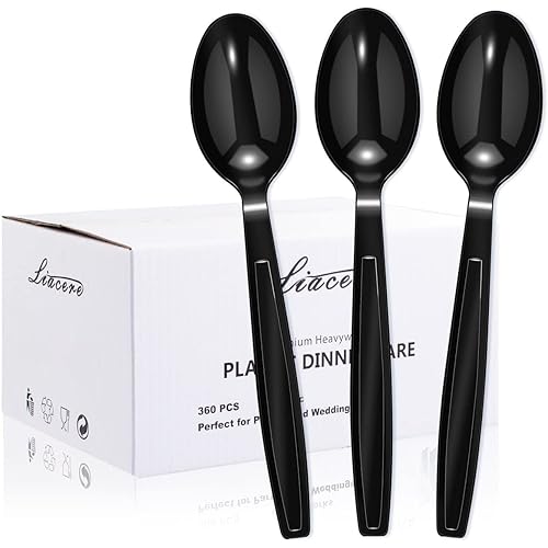 Liacere 360PCS Black Plastic Spoons - Heavyweight Disposable Spoons - 6.7inch Heavy Duty Plastic Spoons - Black Plastic Silverware Perfect for Halloween & Parties & Restaurants