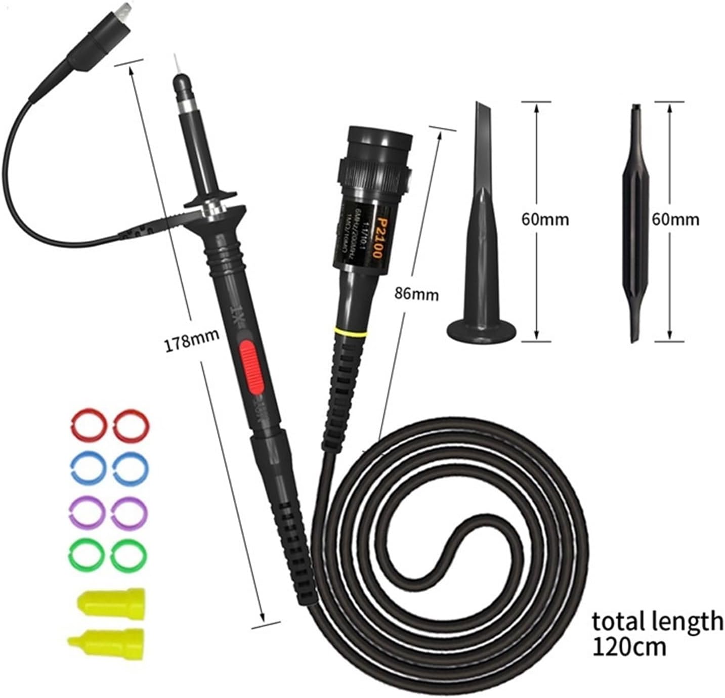P2200D Oscilloscope Probes 200MHz Insulated + Test Hooks to 4mm Banana Wire Mini Grabber to BNC Coaxial Cables Set