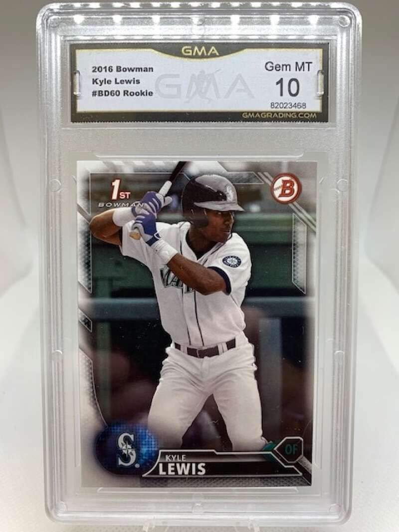 GMA Gem Mint 10 - #82023468 2016 Bowman Draft - #BD-60 Kyle Lewis Seattle Mariners Professionally Graded MLB Baseball Trading Card.