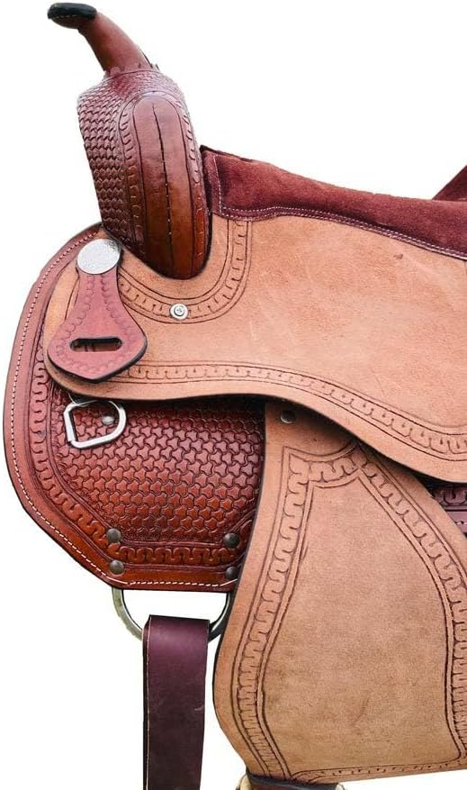 Leather Barrel Racing Western Horse Saddle Handmade Premium Custom Cowboy Cowgirl Pleasure Comfort Trail Tack Equestrian Tooled Carved Pony-Adult Saddle for Riding Size: 10-18 inch Seat, MO-02
