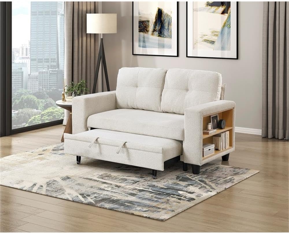 Pemberly Row Boucle Convertible Loveseat with Pull-Out Bed, Beige Upholstery, Solid Wood Frame, Foam Padding, Storage Arms with USB Ports, Black Faux Wood Legs, Guest-Ready Seating for Living Room