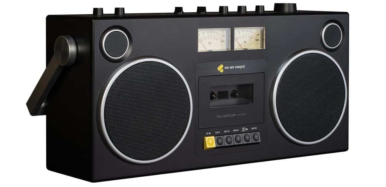 We Are Rewind - Blaster • Curtis GB-001 Boombox, 104 W, Bluetooth 5.4, lecteur/enregistreur de cassettes, 4 haut-parleurs Hi-Fi, batterie rechargeable, entrée microphone, VU mètres rétroéclairés
