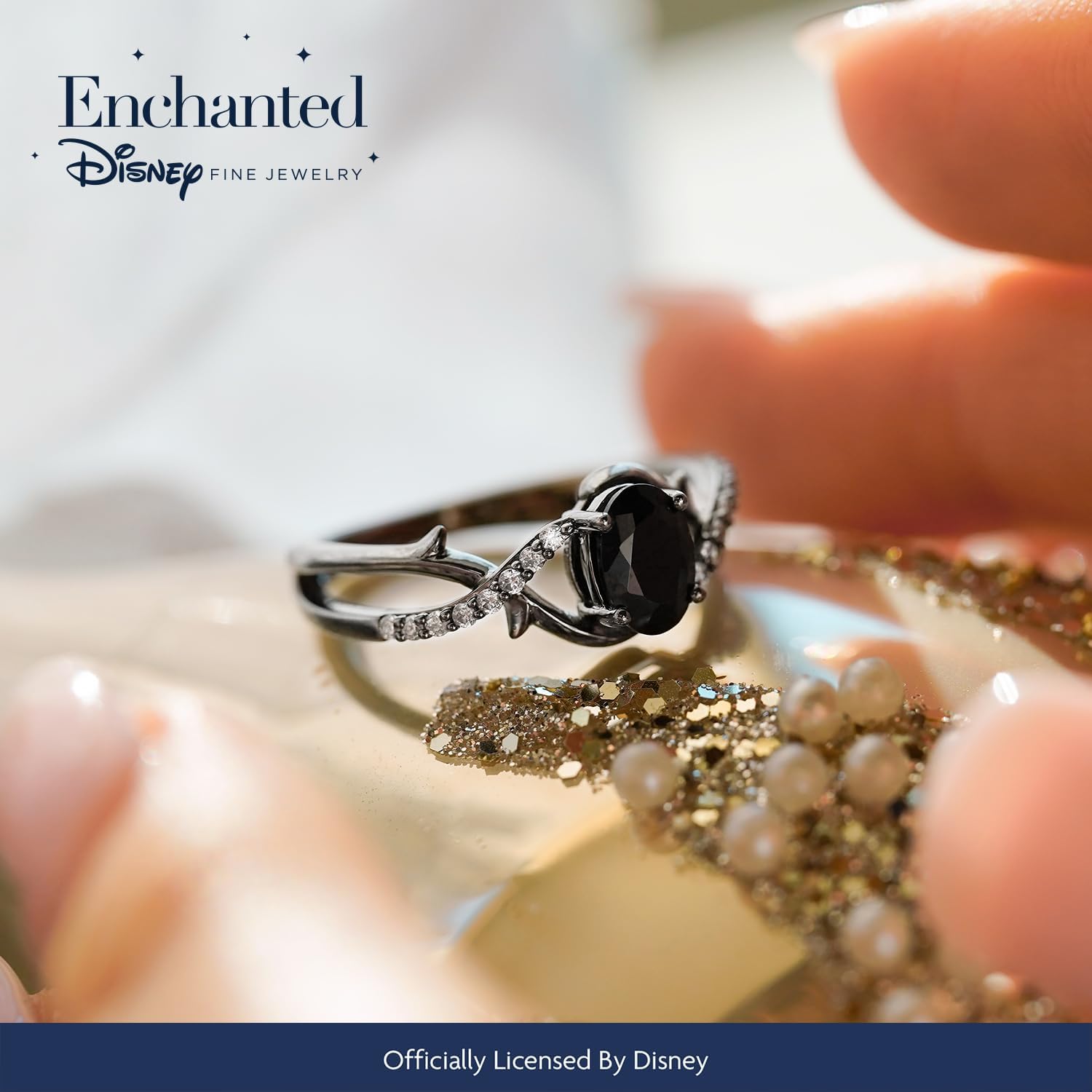 Enchanted Disney Fine Jewelry Maleficent Villain Ring for Women | Black Rhodium over Sterling Silver | 7x5MM Oval Black Onyx & 1/10 CTTW Natural White Round Diamonds | Disney Villain Inspired Jewelry Gifts for Her | Gift Box Included