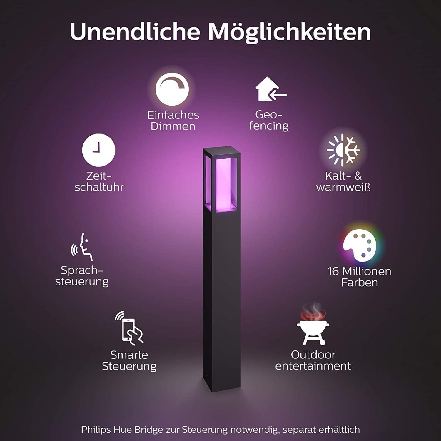 Philips Hue White & Color Ambiance Impress Outdoor Wegeleuchte 1180 lm, dimmbare Gartenbeleuchtung, smarte Lichtsteuerung über Sprache und App, schwarz