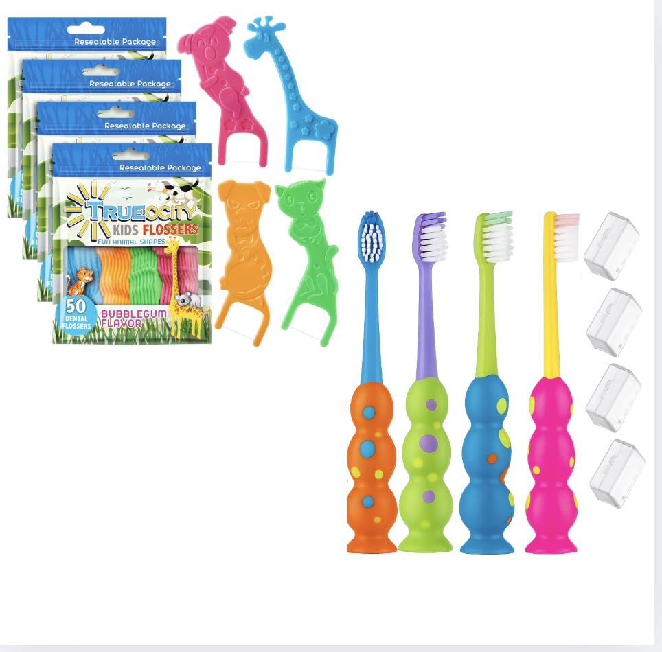 Trueocity Kids Dental Care Kit 200 Bubble Gum Flavored Flossers with Animal Shapes and 4 Soft Toothbrushes for Kids Ages 3–10 Fun Floss Picks and Suction Cup Toothbrushes for Boys and Girls
