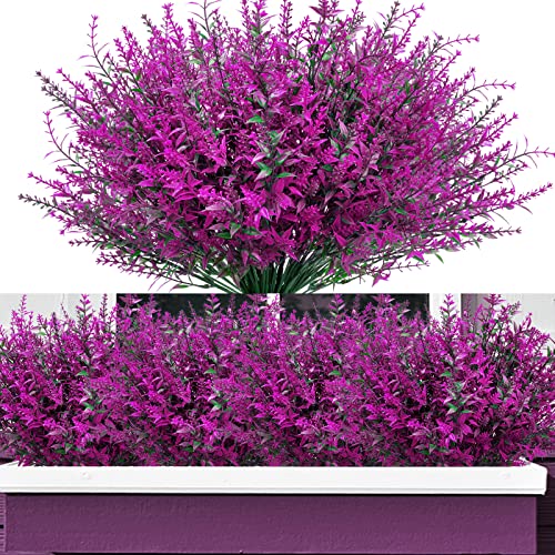 12 Bündel Künstliche Lavendel Büsche Kunstblumen für Außen, Künstliche Blumen Balkonpflanzen Wetterfeste UV Beständige Plastikblumen für Outdoor Indoor Balkon Garten Balkonkästen, Fuchsie
