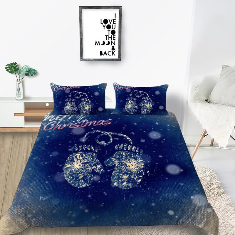 Parure de lit 240x260 avec gants de Noël bleus en microfibre et 2 taies