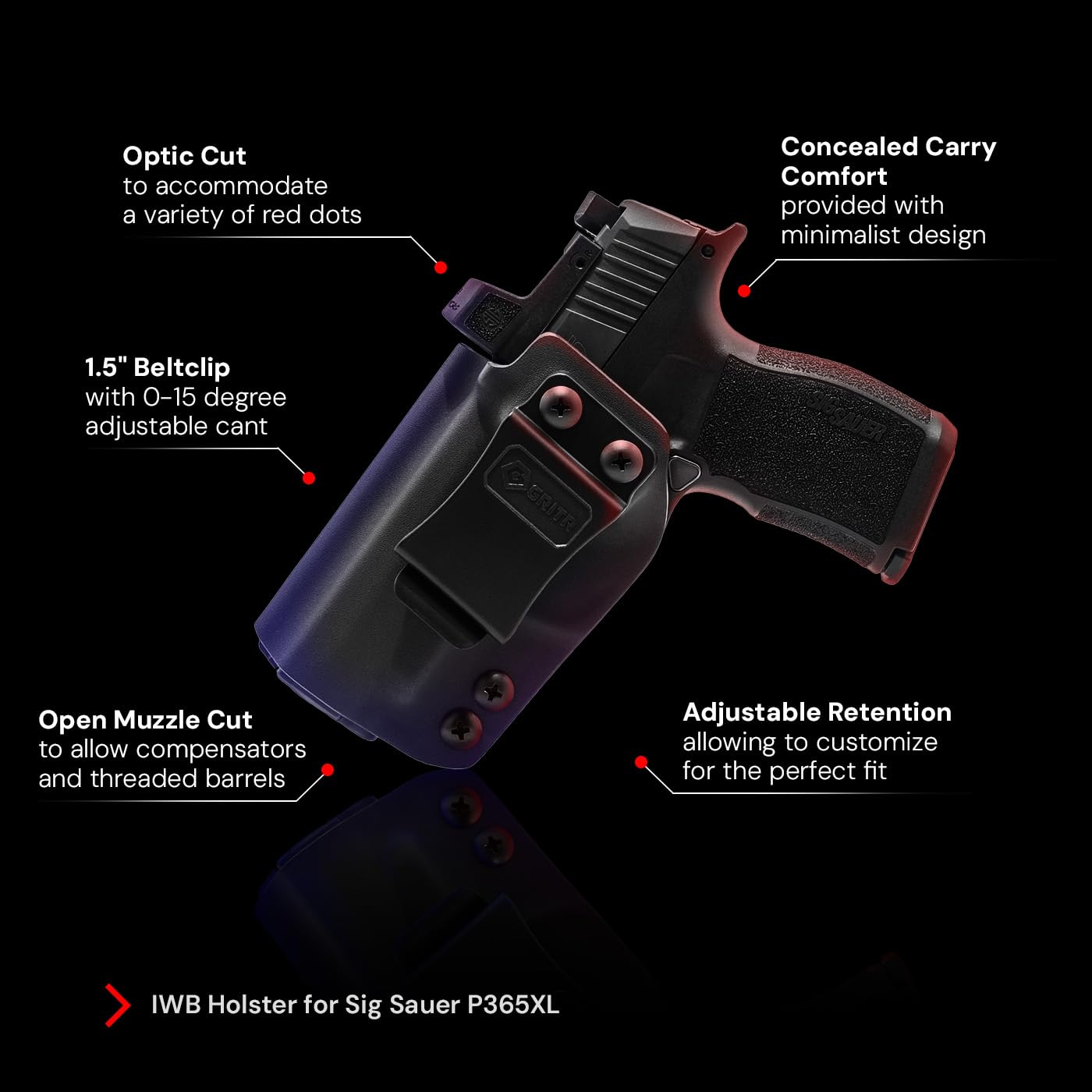 GRITR IWB Kydex Left Hand Gun Holster Fits Sig Sauer P365XL (P365, P365SAS, P365X) with 1.5