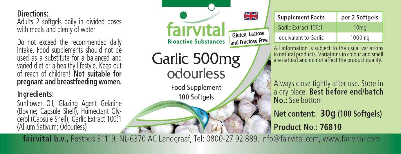 fairvital Capsule di aglio 500 mg, 100 softgel, facili da deglutire, contengono alliicina, estratto di aglio 100:1, ALTO DOSAGGIO e inodori