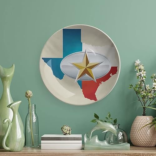 Miniatura 5 de XISUNYA Placa decorativa de porcelana redonda de 8 pulgadas, diseño de estrella de Texas con hebilla de cinturón de vaquero con estampado de mapa de