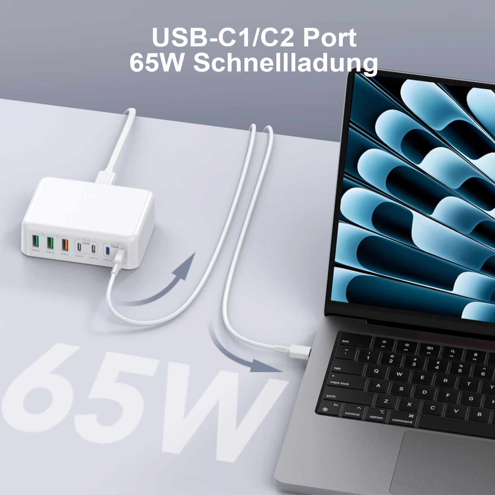 Cargador múltiple USB C de 180 W, estación de carga USB 7 en 1 GaN con 65 W y 20 W puertos de salida compartidos para MacBook Pro/Air, iPhone, Google, iPad, Lenovo, HP