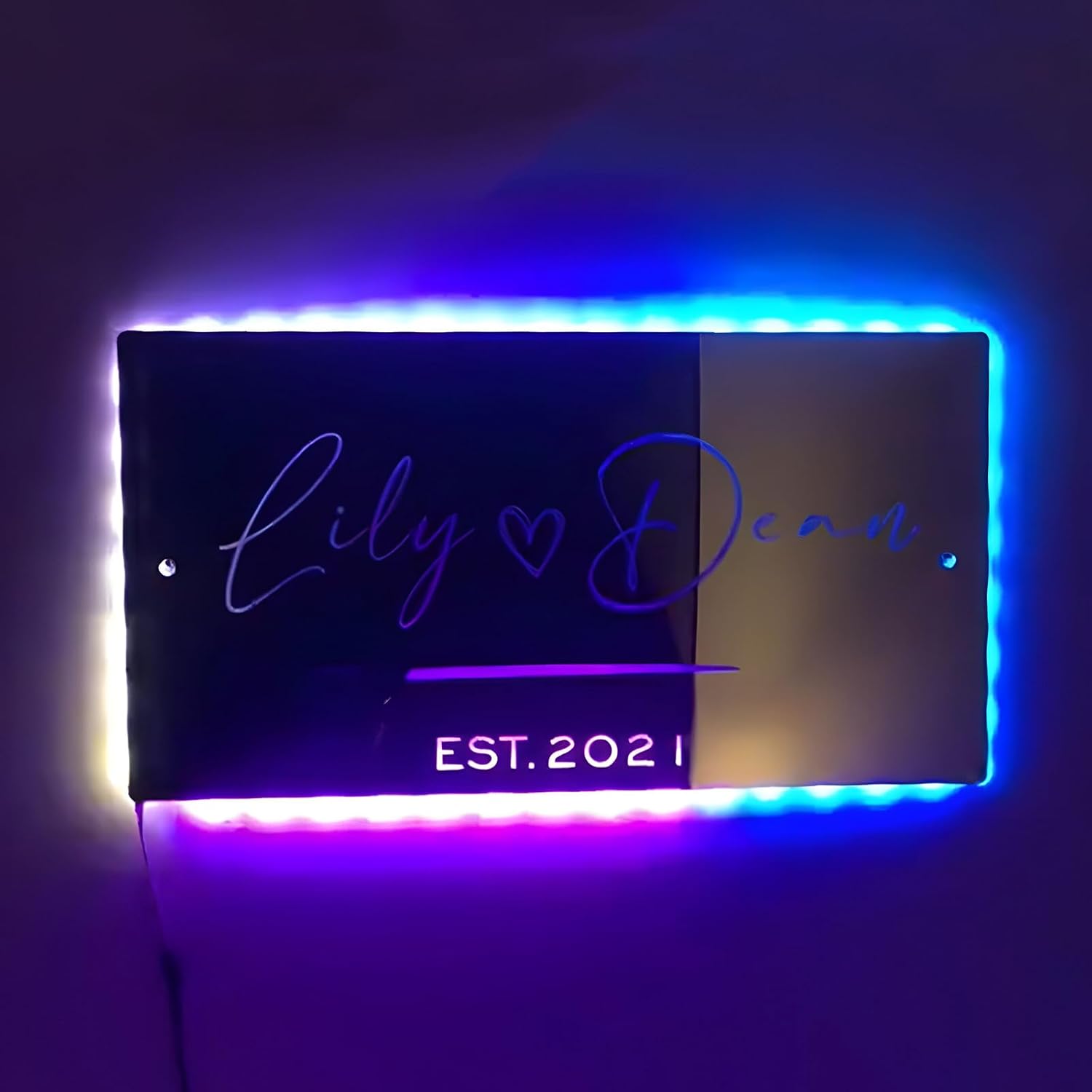 Drawelry Personalized Name Mirror LED Light - Custom Photo Date Light Up Neon Signs Livingroom Bedroom Wall Decor - Couple Names