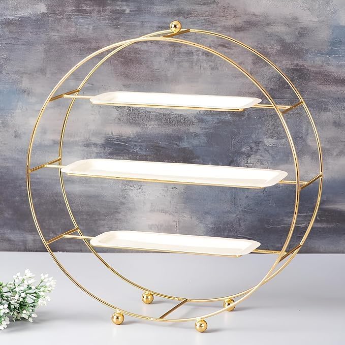 Image of World Fireᵀᴹ Metal Cake Stand Handicrafts Buffet Server Organiser 3 Tier Cake Stand for Dining Table Cup Cake & Dessert Stand with 3 Shelves (Gold), Round, Stainless Steet