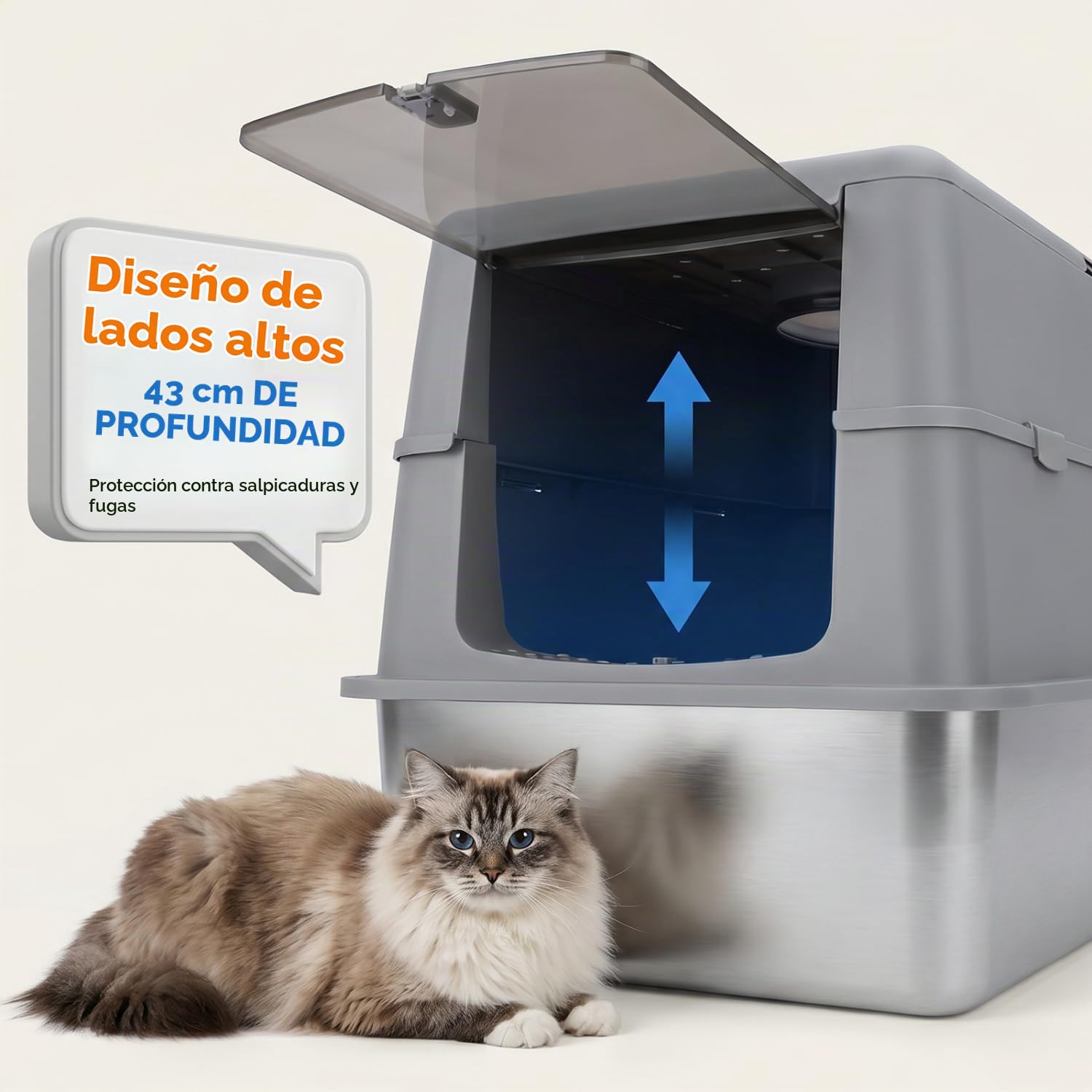 Nobleza Arenero de Acero Inoxidable para Gatos – Cerrado con Tapa Plegable y Doble Entrada – Resistente, Sin Olores, Fácil Limpieza – Ideal para Gatitos y Gatos Adultos