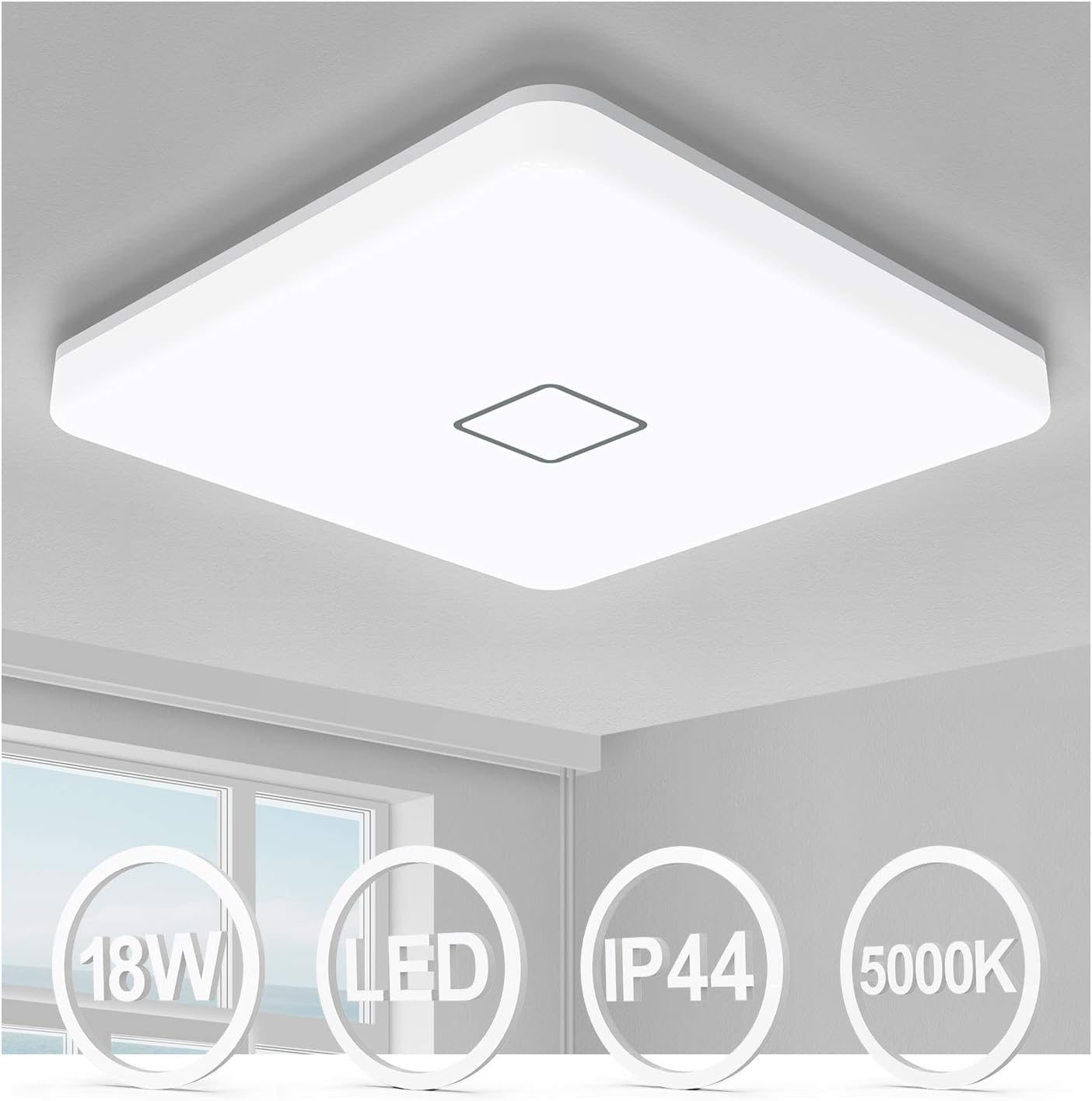 Airand 18W LED Ceiling Light, 10.6 inch Square 1800lm Ceiling Light Fixture Flush Mount, 5000K Waterproof IP44 Ceiling Lamp for Bathroom,Kitchen,Closet,Bedroom,Living Room,Hallway,Office, and More