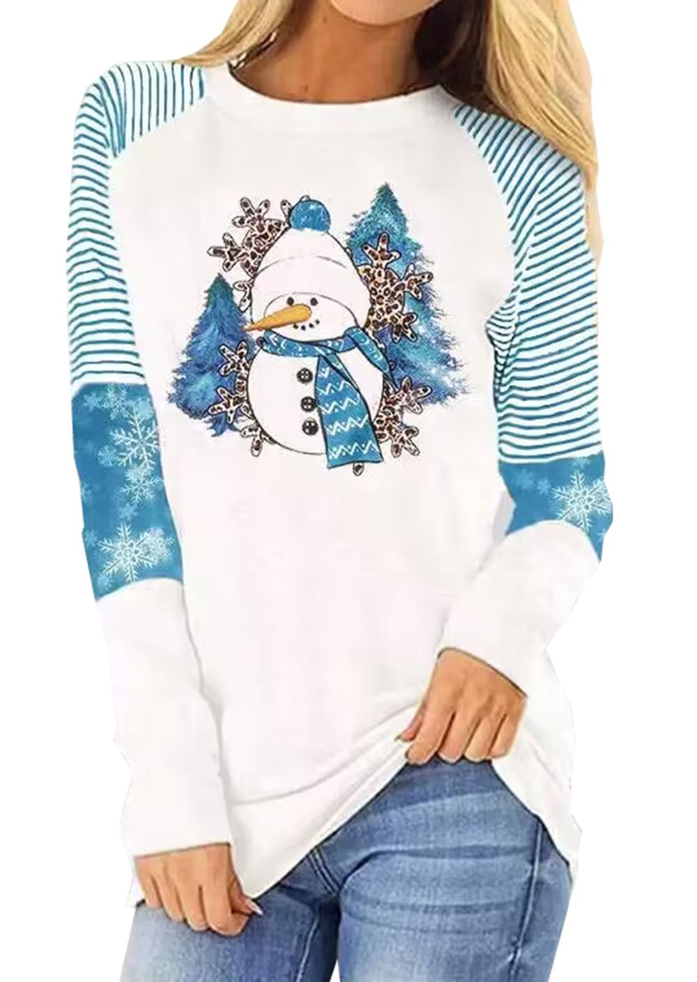 JMFXBChristmas Snowman Snowflake Striped Leopard T Shirt Women Cute Snowman Graphic Tee Tops Xmas Gift Shirt Tops
