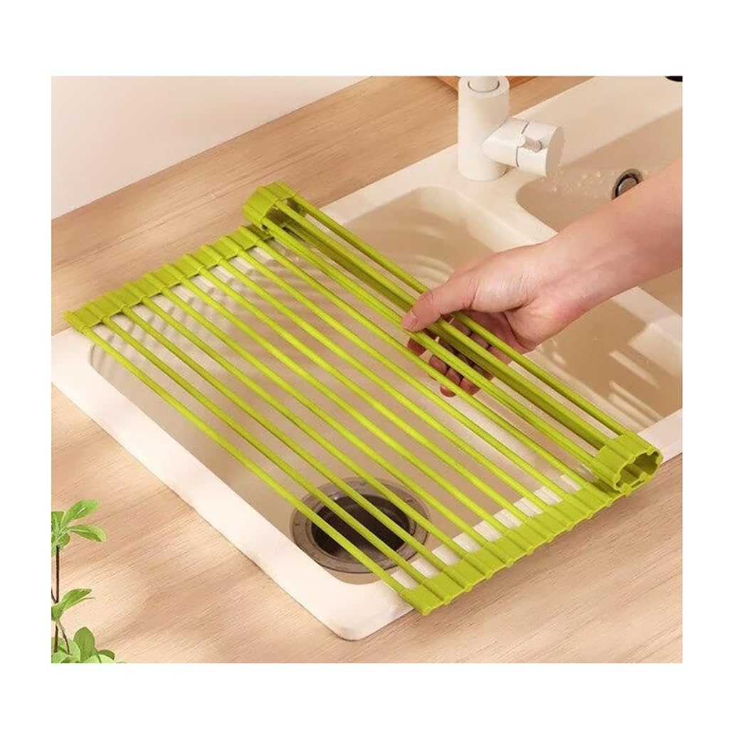Escurridor de platos enrollable multiusos, escurridor de cocina plegable para colocar sobre el fregadero, barra de acero inoxidable con cubierta de silicona completa, escurridor antideslizante para e