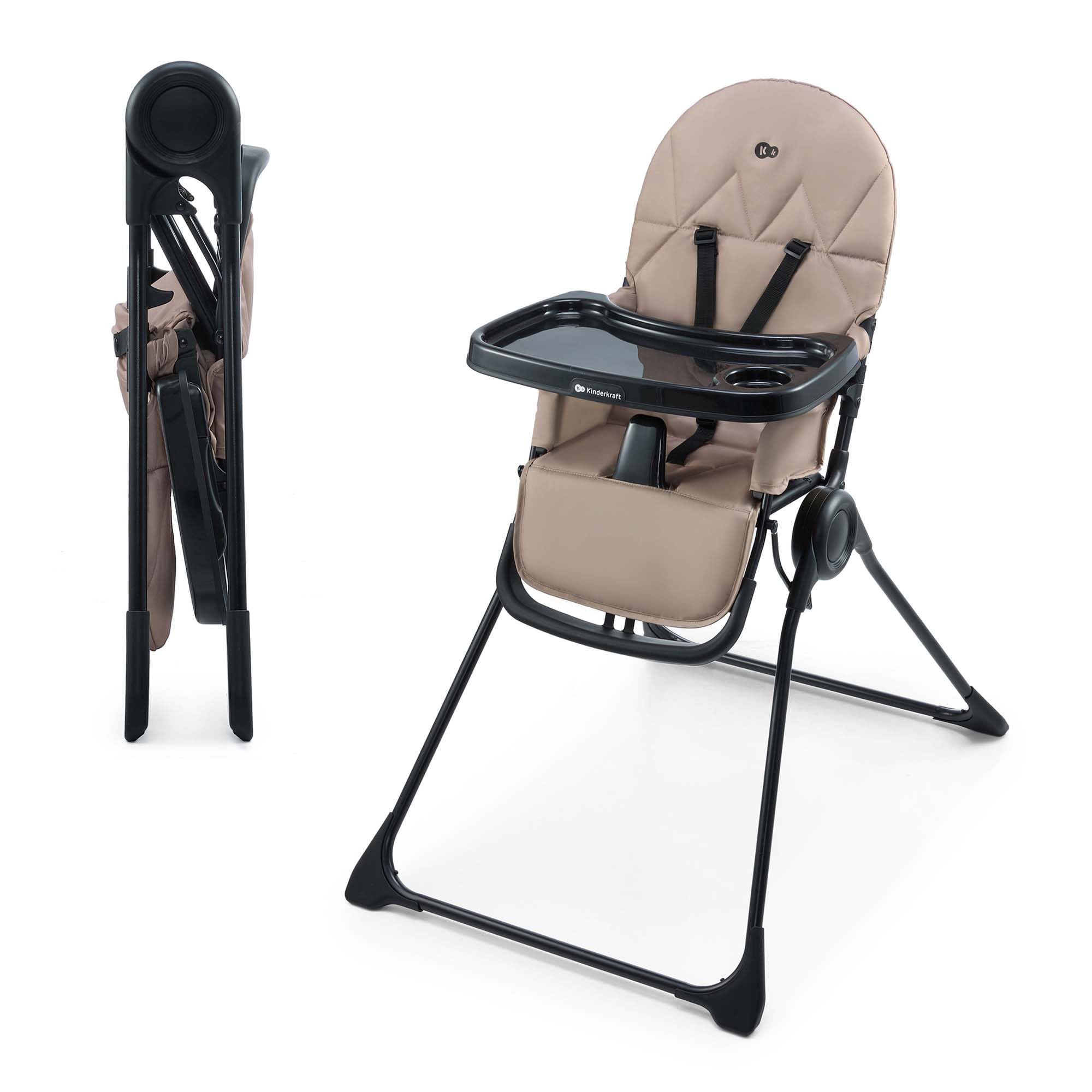 Kinderkraft BINCI, Trona Bebé, Ligera y plegable, con Bandeja, reposapiés y Arnés de 5 puntos, Ideal para Espacios reducidos y Viajes, Beige