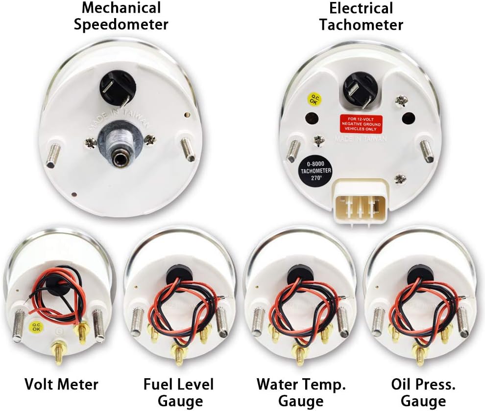MOTOR METER RACING Classic 6 Gauge Set with Mechanical Speedometer Analog Odometer White Dial Black Needle Light Bulb Illumination 85mm 3-3/8″ & 52mm 2-1/16″