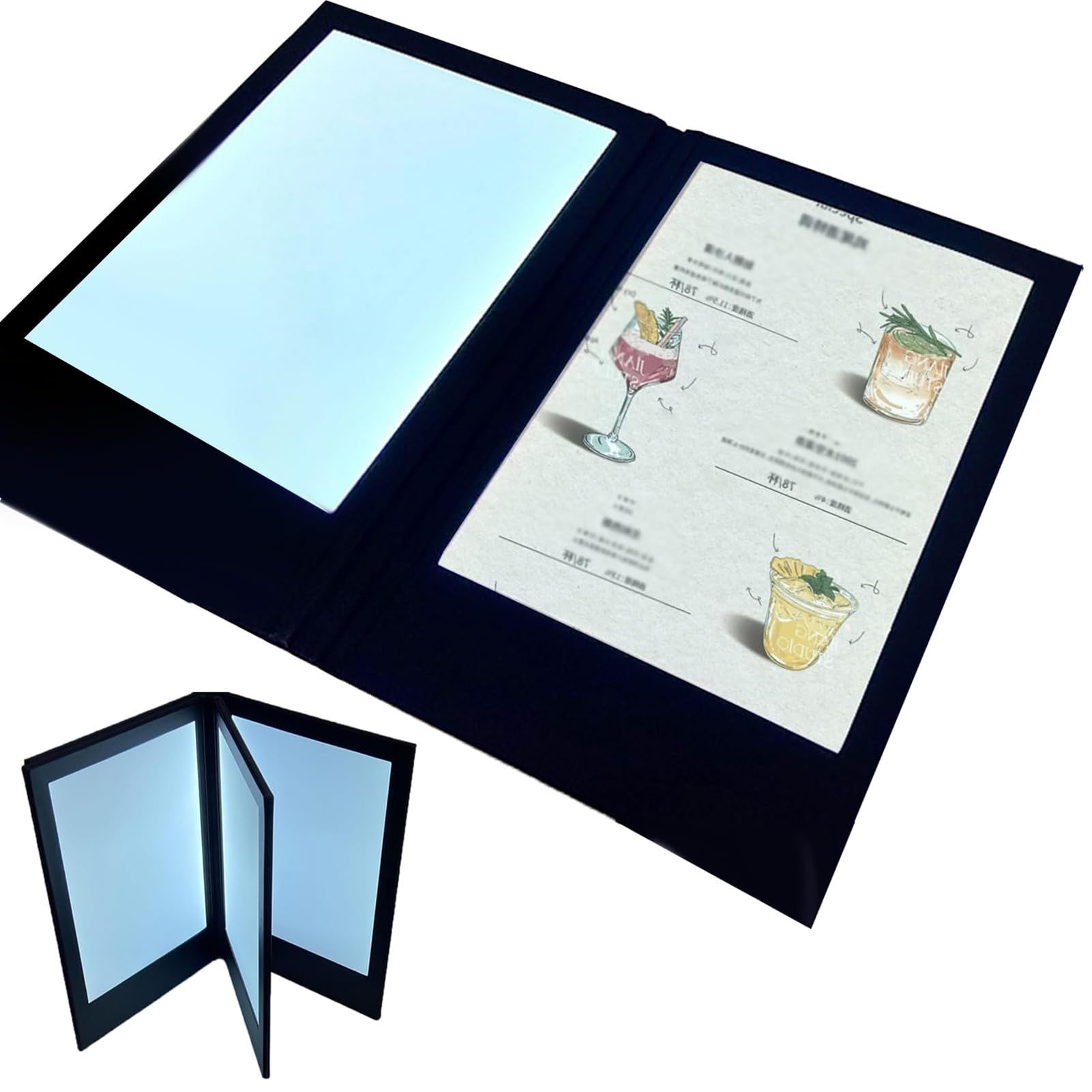 Soporte de menú iluminado LED, cubierta retroiluminada recargable, doble panel plegable para restaurantes, bares, hoteles, cenas finas