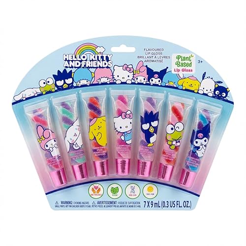 Townley Girl Hello Kitty and Friends - Brillo de labios de 7 piezas a base de plantas, recuerdos de fiesta para niñas, juego de labios para niñas,