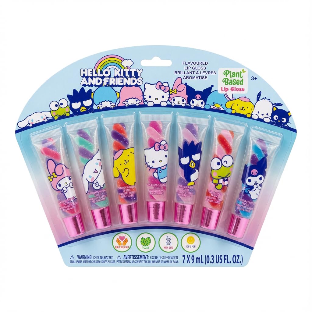 Hello Kitty Lip Gloss Set, 7-Piece Swirl Plant-Based, Ages 3+ Hello Kitty and Friends