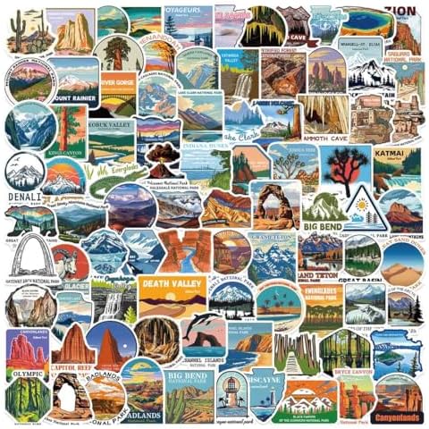National Park Stickers Set 100pcs Outdoor Nature Hiking Camping Adventure Wildness Stickers Decals, Waterproof Vinyl Travel Sticker for Water Bottle Laptop Car Bumper Luggage Phone Case Bike Cover