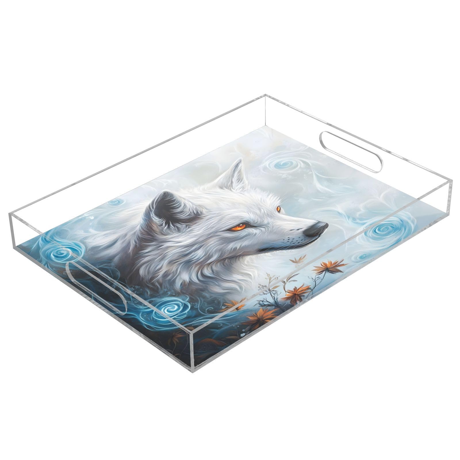 BOESI Graffiti White Wolf Pattern Acrylic Decorative Dining Tray, Acrylic Decorative Tray Organizer with Handle for Kitchen, Dining Room, Bathroom, Dresser