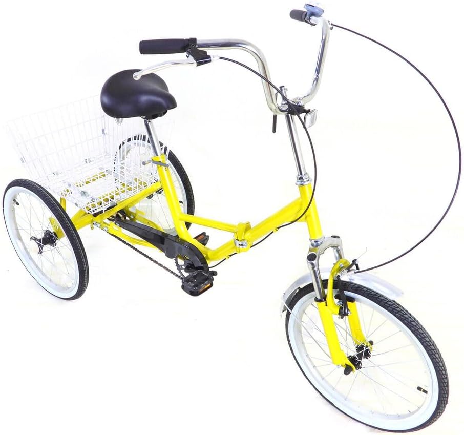 Folding Adult Tricycle, 20 Inch 3-Wheel Bike Single Speed Yellow Adult Trike Bike Tricycle for Adults with Light and Basket Height Adjustable Cruise Trike Elderly Bicycle for Shopping Picnic Beach