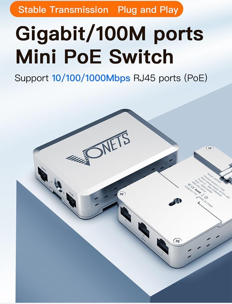 Two Vonets VSP500 switches shown from a side angle, highlighting the power input port and the RJ45 Ethernet ports.