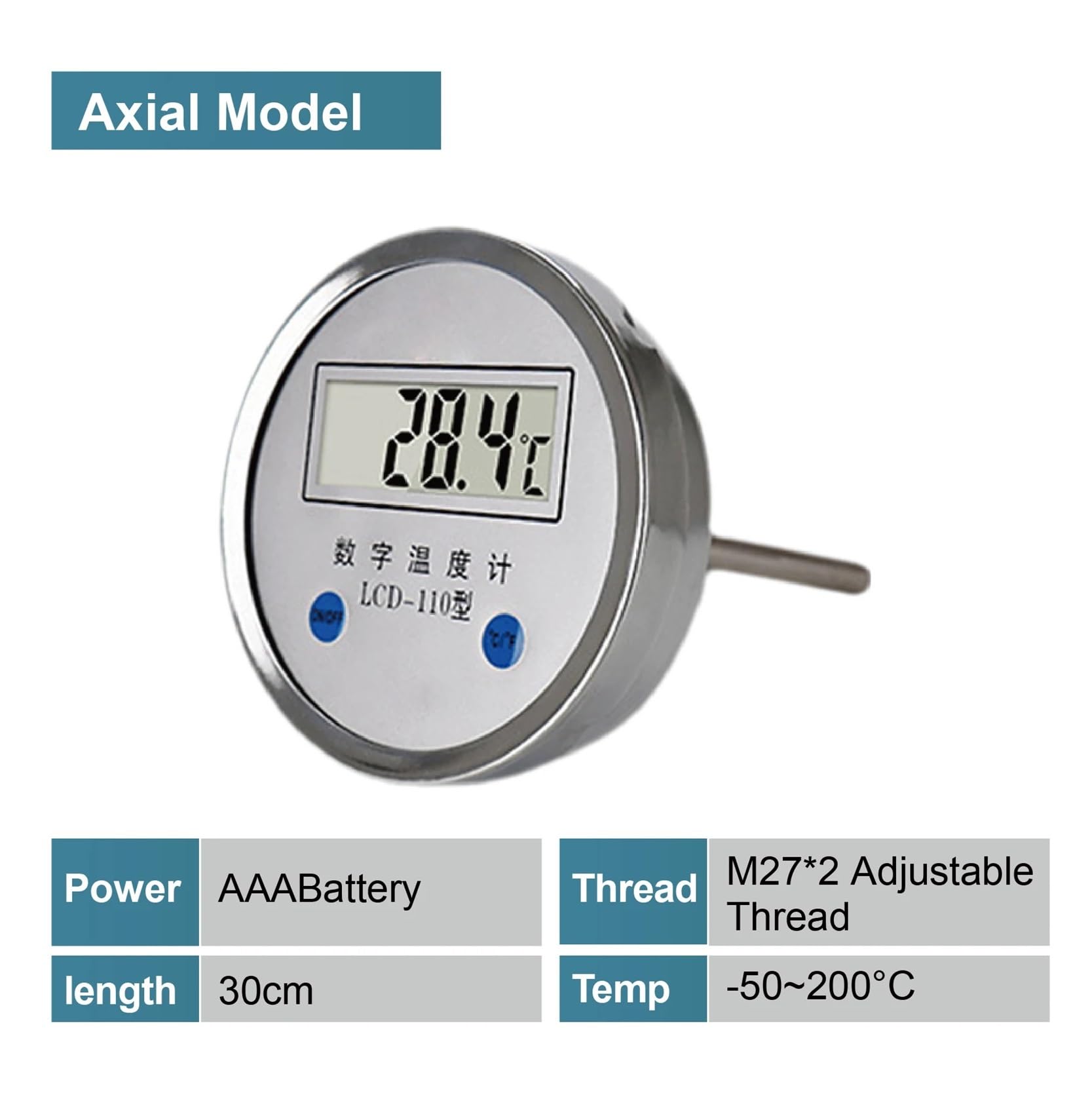 Termómetro Digital bimetálico LCD-110, sonda de Acero Inoxidable, medidor de Temperatura del Agua, Montaje axial/Radial, IP65(401-30CM)