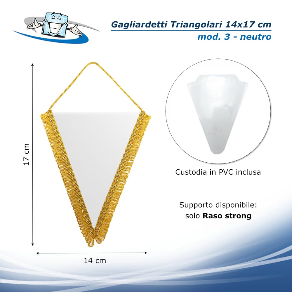 Gagliardetti Neutri o Personalizzati – Confezione 20 o 50 pz. – Forme Triangolare 14x17 cm, Pentagonale 11,5x13 cm, Scudo 10,5x14 cm – Raso Strong/Eco – Frangia Oro o Argento