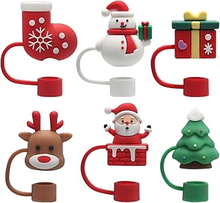 Ciieeo シリコン製ストロートッパーカバー6個 - クリスマステーマの漫画柄 10mm ストロープロテクター - 再利用可能な愛らしいダストスリーブ ホリデーパーティーの装飾