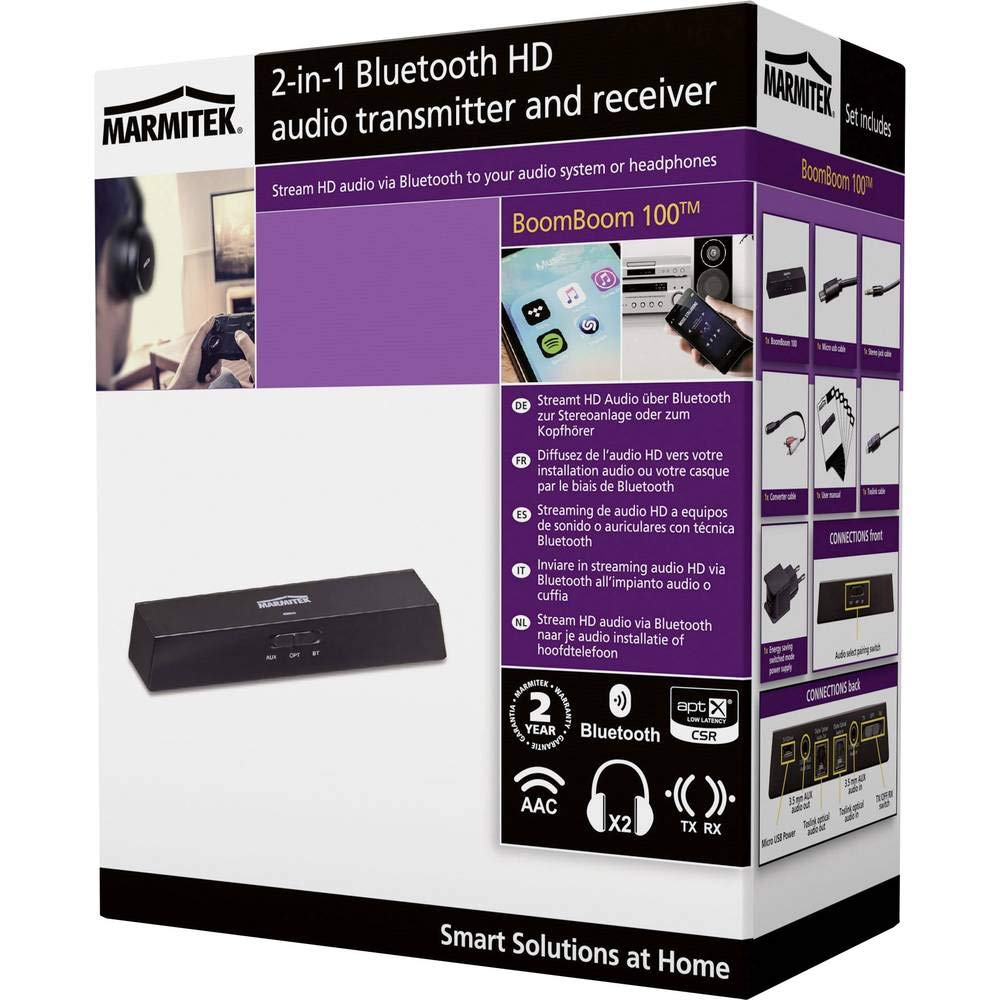 Marmitek BoomBoom 100 - Nadajnik odbiornik Bluetooth RX/TX aptX | Adapter audio do TV, słuchawek i systemu hi-fi, aptX Low Latency, AAC, Toslink, jack 3,5 mm i 2 słuchawki
