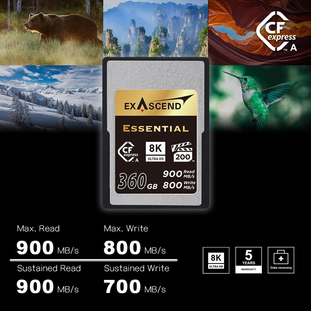 Exascend 120 GB / 180 GB / 240 GB Essential CFexpress Type A Card, Sustained Read 800MB/s, Compatible with Sony a1 / a7S III / a7 IV / FX3 / FX6 (360GB)
