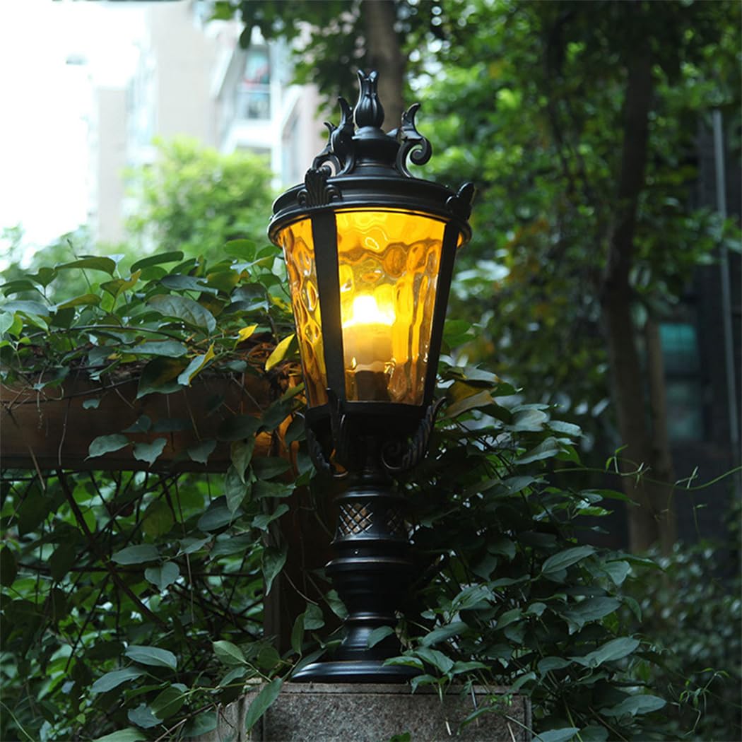 Bardzo długa aluminiowa lampa stojąca, klasyczny styl, czarne wykończenie w stylu vintage, z podstawą mocującą na filarze, idealna do ganku, ogrodu lub podwórza - szklana latarnia E26