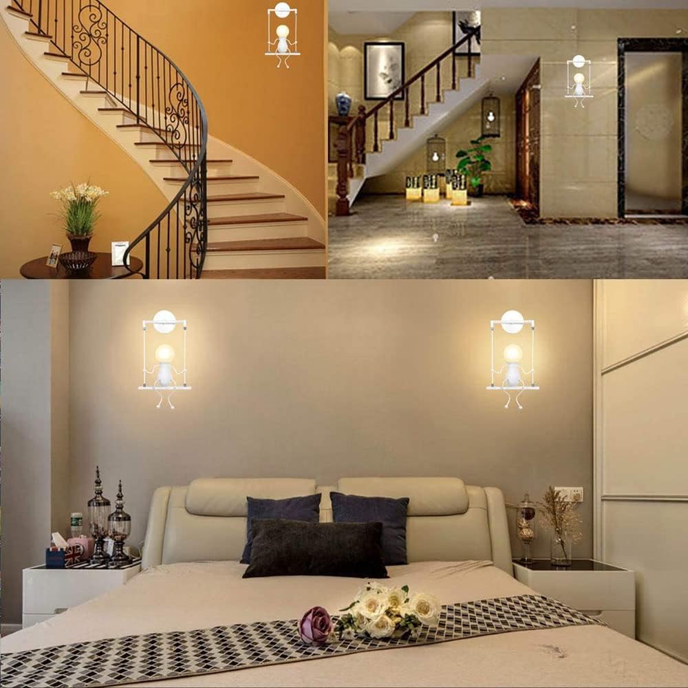 Light Wall Lamp, Adjustable Suspension Metal Bedside Wall Light Modern Cartoon Decorative Gift Wall Lighting E27 60W for Children's Room, Bedroom, Living Room, Corridor,White