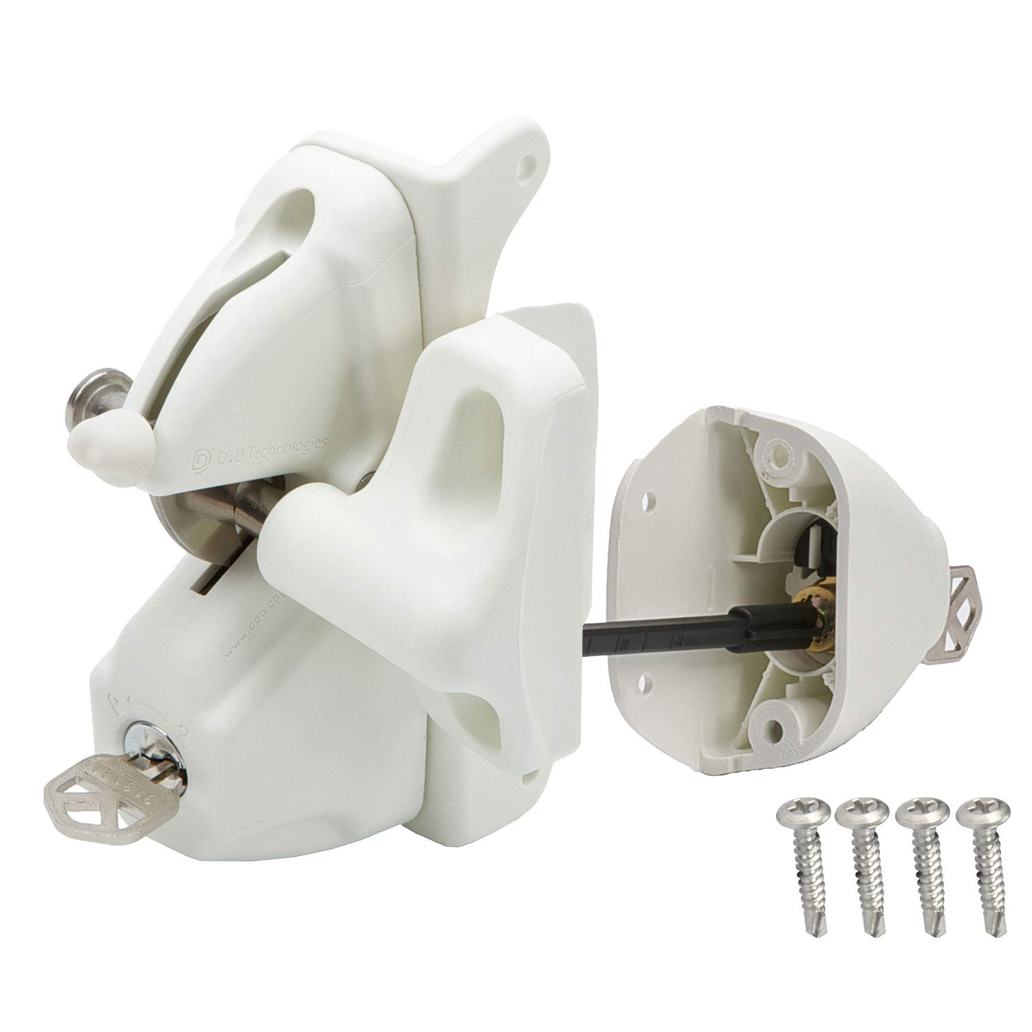D&D Technologies LLDABW-K LokkLatch Deluxe, Locking Privacy Gate Gravity Latch, Key Lockable on Both Sides of Gate, for Metal, Wood, and Vinyl Fences, White